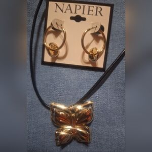 Napier Gold Tone Hoop Pierced Earrings And Butterfly Necklace NET
